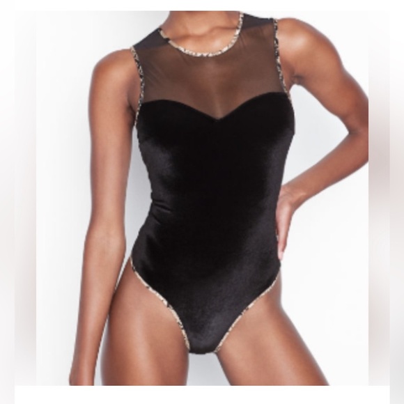 Victoria's Secret Tops - VICTORIA’S SECRET Velvet Sheer Mesh Sweetheart Teddy Bodysuit Snake Trim M